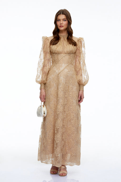 April Maxi Dress Neutral Floral Lace Long Sleeves