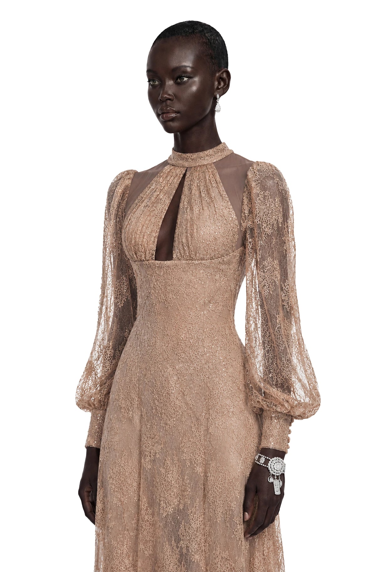 Serena Neutral Floral Lace Long Sleeves Maxi Dress