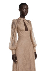 Serena Neutral Floral Lace Long Sleeves Maxi Dress