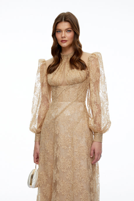 April Maxi Dress Neutral Floral Lace Long Sleeves
