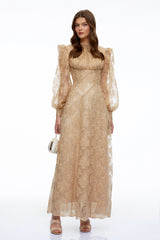 Serena Neutral Floral Lace Long Sleeves Maxi Dress