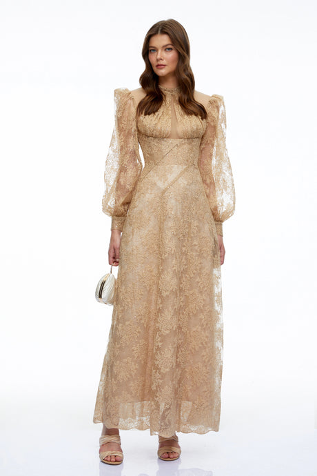 April Maxi Dress Neutral Floral Lace Long Sleeves