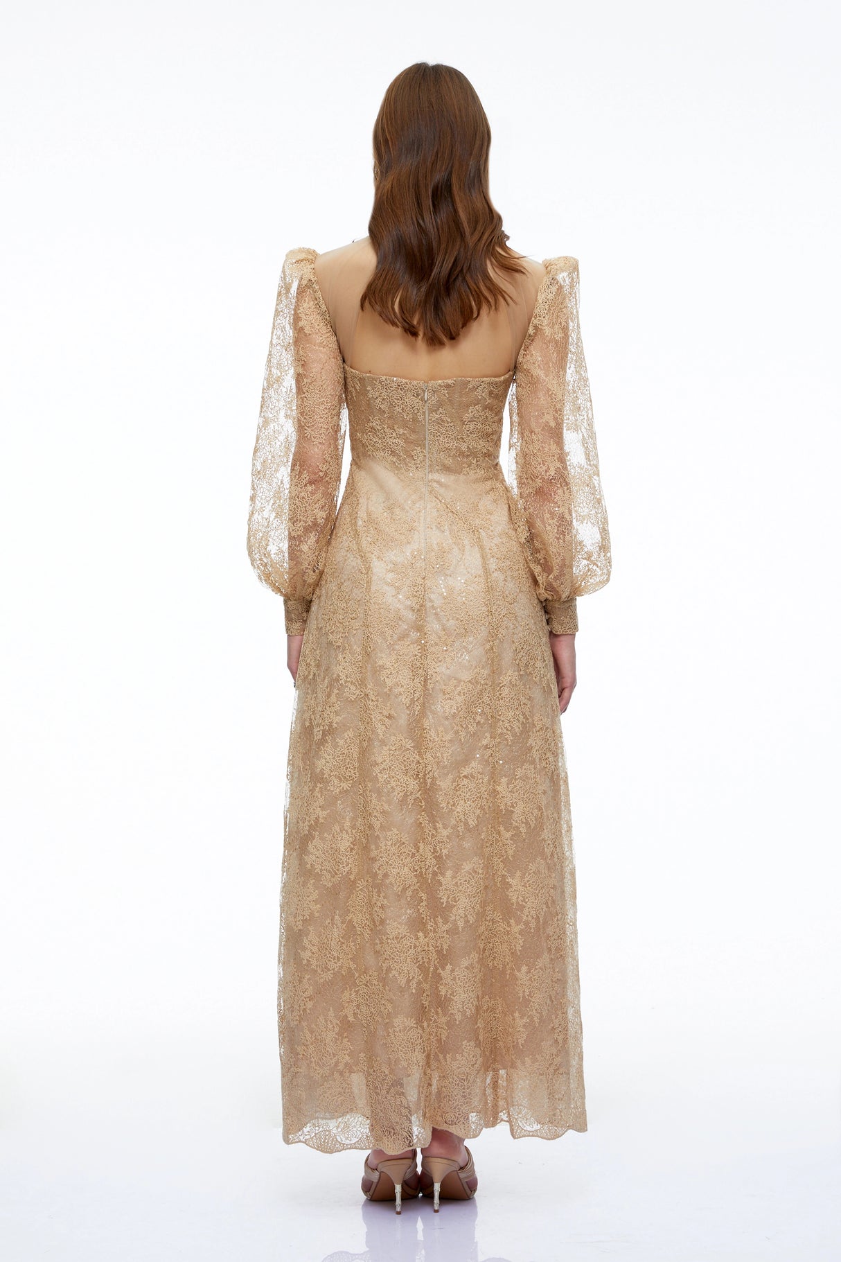 Serena Neutral Floral Lace Long Sleeves Maxi Dress
