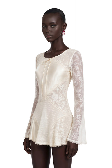 Madalynn Mini Dress Champagne Backless Floral Lace