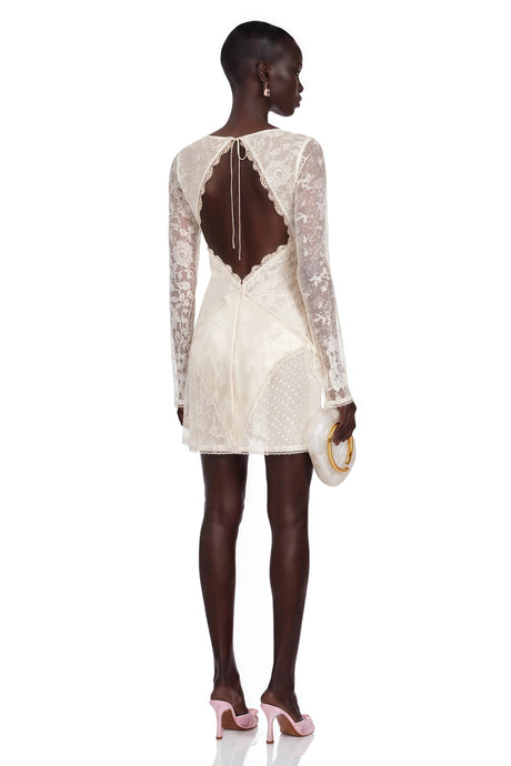 Madalynn Mini Dress Champagne Backless Floral Lace
