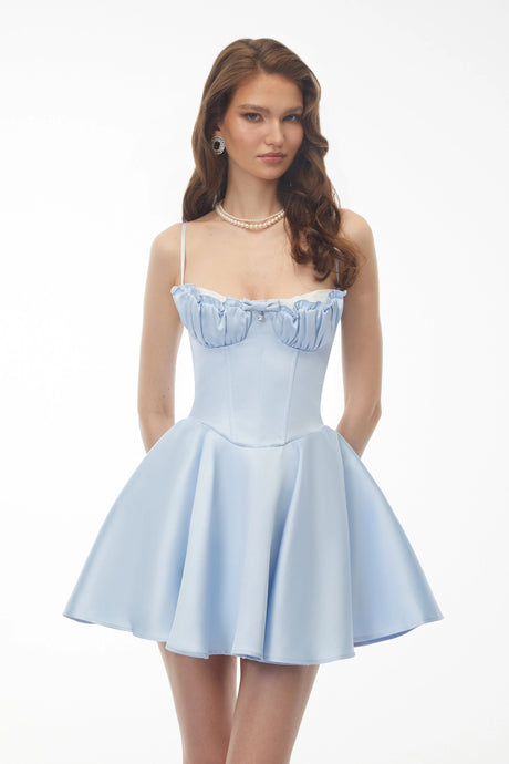 Licia Mini Dress Baby Blue Ruched with Lace Panels