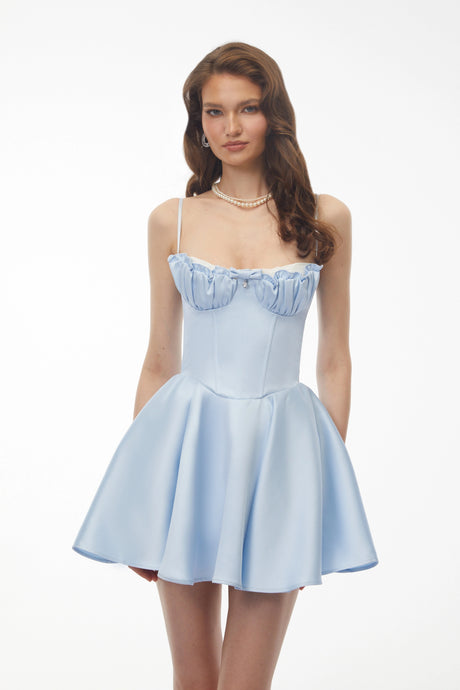 Licia Mini Dress Baby Blue Ruched with Lace Panels