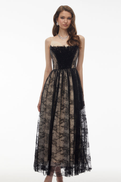 Pierina Maxi Dress Black Floral Lace Tulle