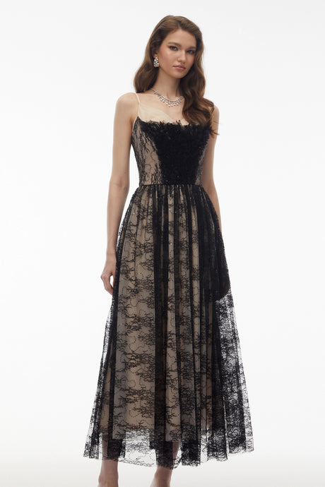 Pierina Maxi Dress Black Floral Lace Tulle