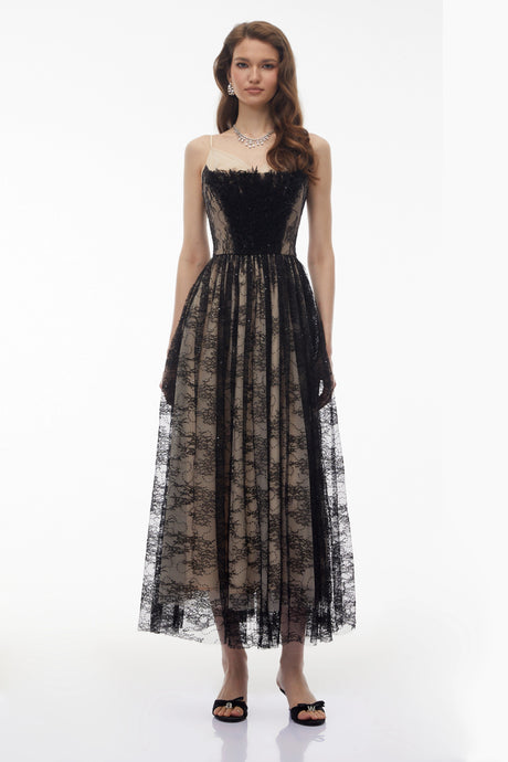 Pierina Maxi Dress Black Floral Lace Tulle