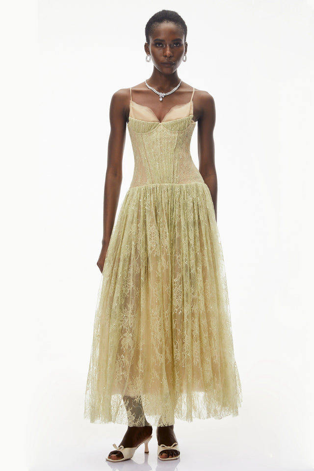 Severine Green Floral Lace Tulle Maxi Dress