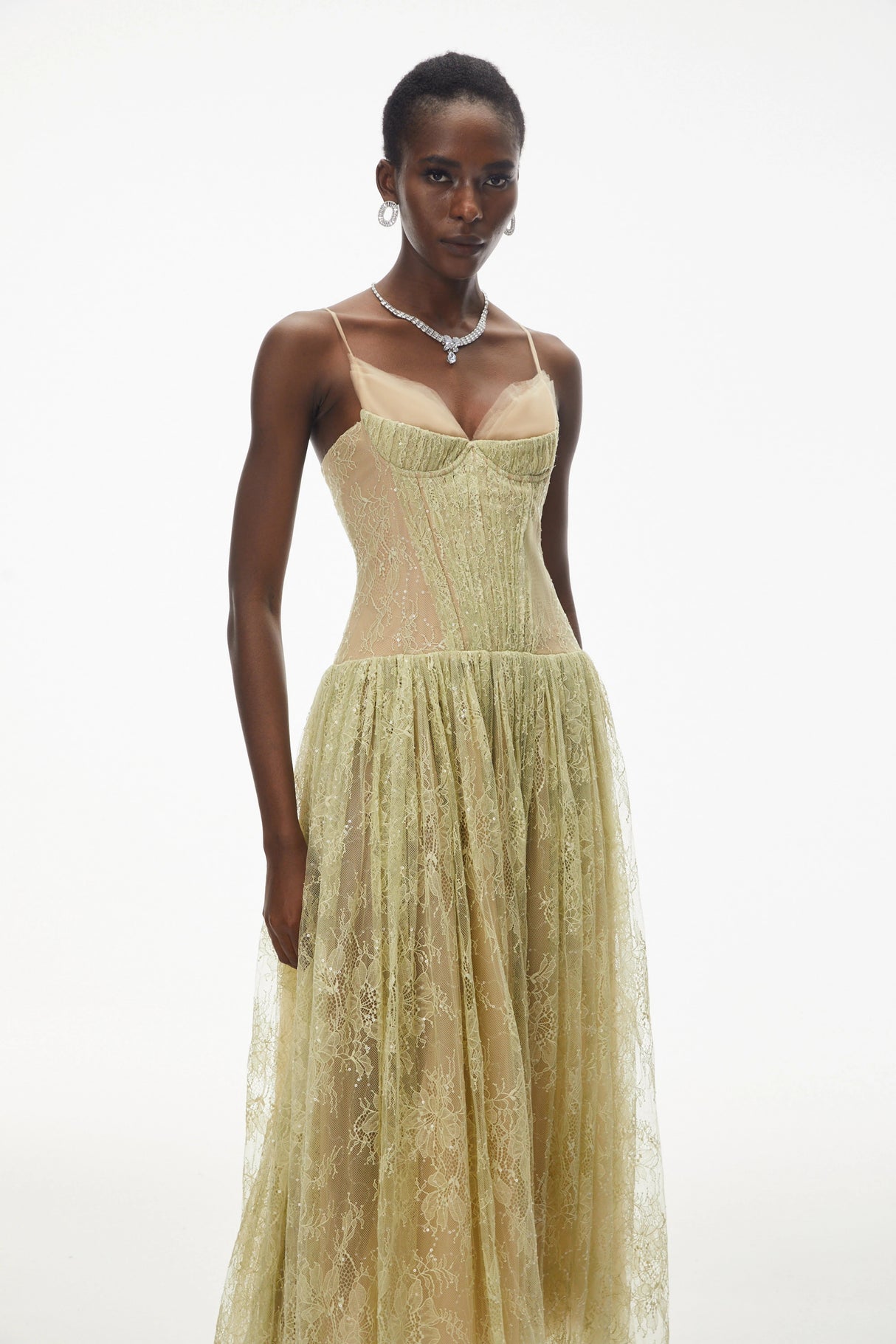 Severine Green Floral Lace Tulle Maxi Dress
