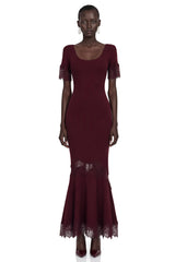 Sharon Burgundy Round Neck Maxi Dress with Lace Trim