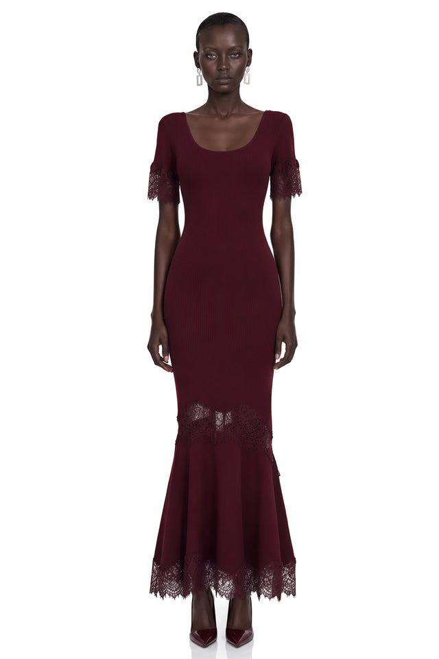 Sharon Burgundy Round Neck Maxi Dress with Lace Trim