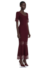 Sharon Burgundy Round Neck Maxi Dress with Lace Trim