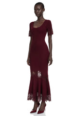 Sharon Burgundy Round Neck Maxi Dress with Lace Trim