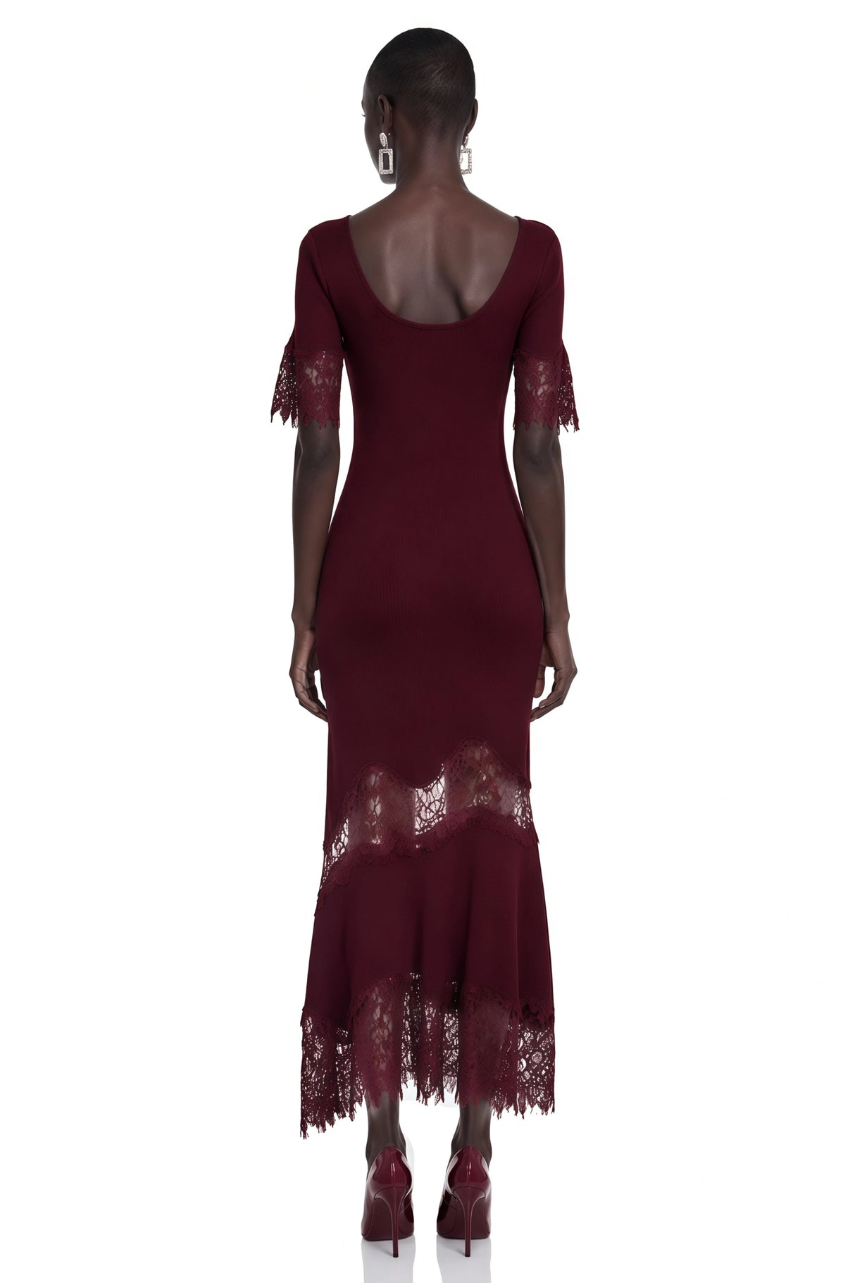 Sharon Burgundy Round Neck Maxi Dress with Lace Trim