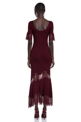 Sharon Burgundy Round Neck Maxi Dress with Lace Trim