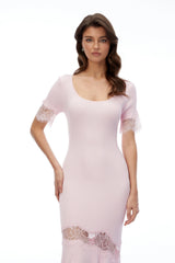 Sharon Pink Round Neck Maxi Dress with Lace Trim
