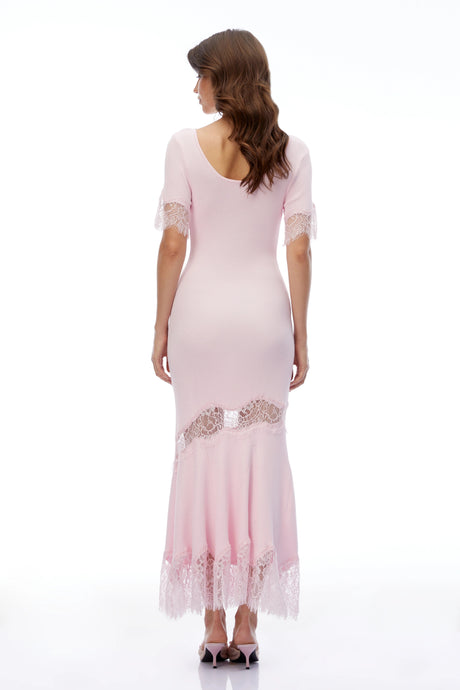 Natalie Maxi Dress Pink Round Neck with Lace Trim