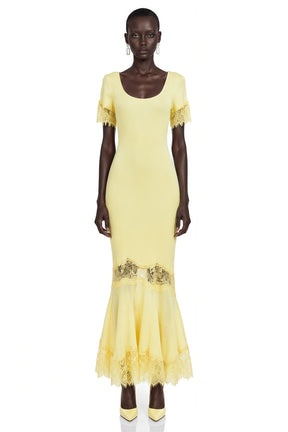Sharon Yellow Round Neck Maxi Dress with Lace Trim