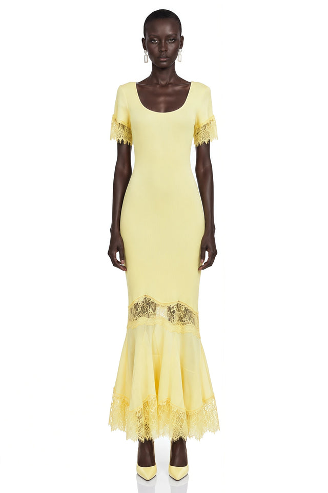 Sharon Yellow Round Neck Maxi Dress with Lace Trim
