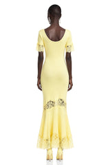 Sharon Yellow Round Neck Maxi Dress with Lace Trim