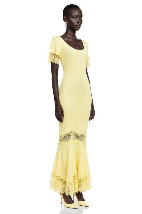 Bristol Maxi Dress Yellow Round Neck with Lace Trim