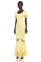 Sharon Yellow Round Neck Maxi Dress with Lace Trim
