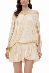 Shayla Neutral Asymmetrical Shirred Glossy Mini Dress