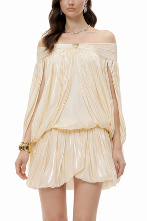 Shayla Neutral Asymmetrical Shirred Glossy Mini Dress