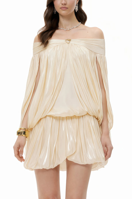 Hanna Mini Dress Neutral Asymmetrical Shirred Glossy