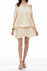Shayla Neutral Asymmetrical Shirred Glossy Mini Dress