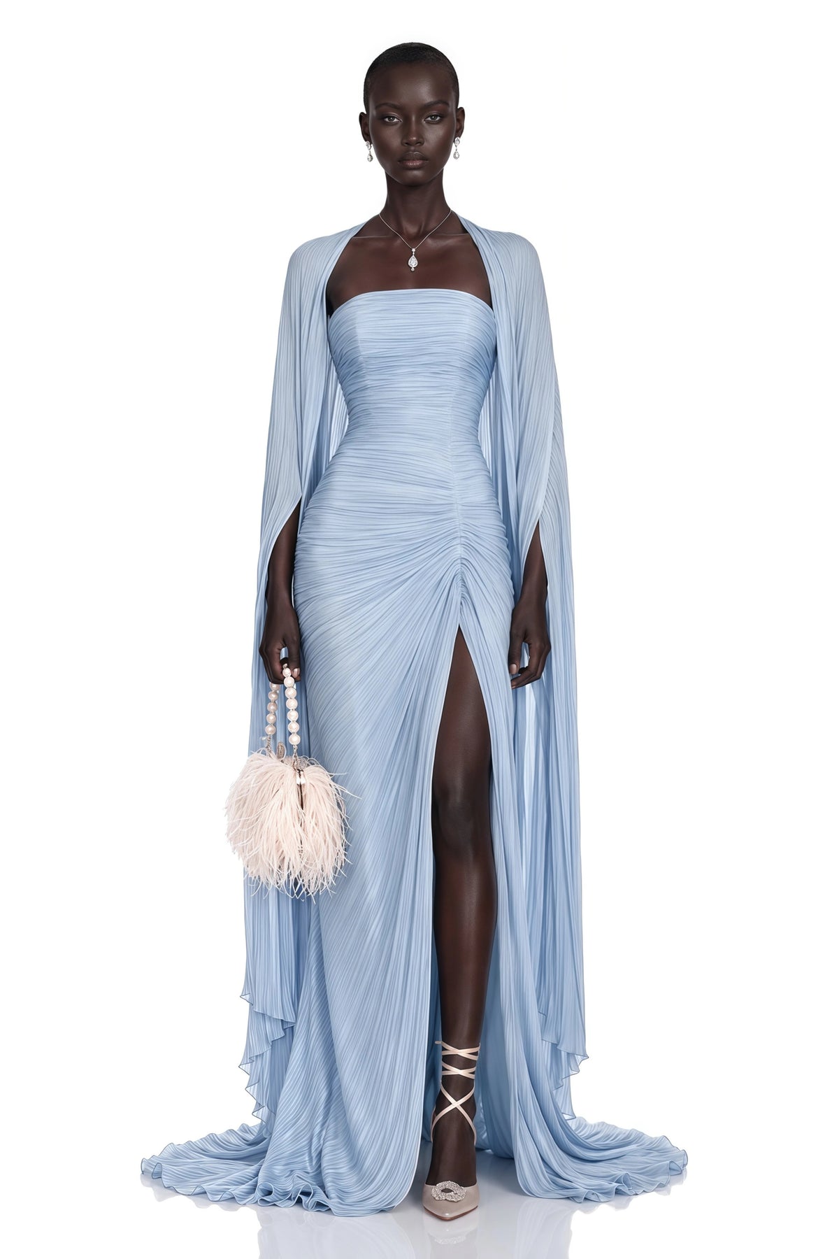 Shifra Blue Asymmetrical Cape Maxi Dress