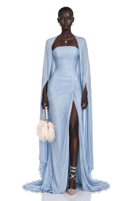 Nunzia Maxi Dress Blue Asymmetrical Cape