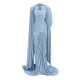 Shifra Blue Asymmetrical Cape Maxi Dress