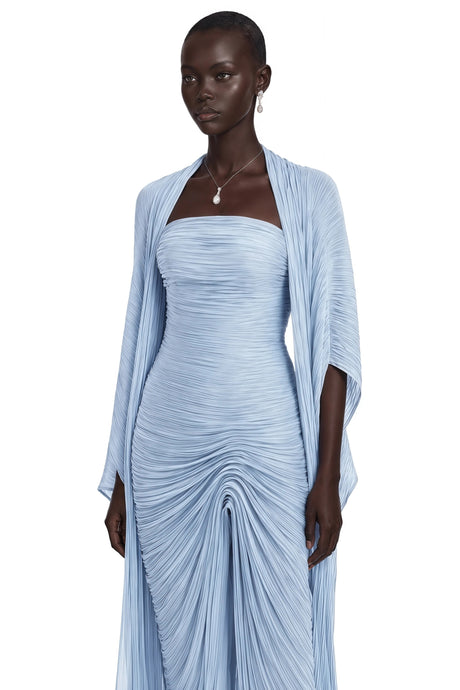Nunzia Maxi Dress Blue Asymmetrical Cape
