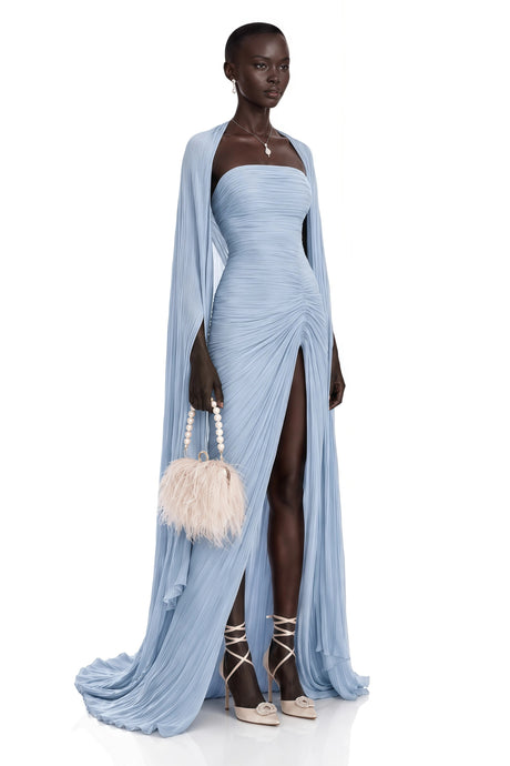 Nunzia Maxi Dress Blue Asymmetrical Cape