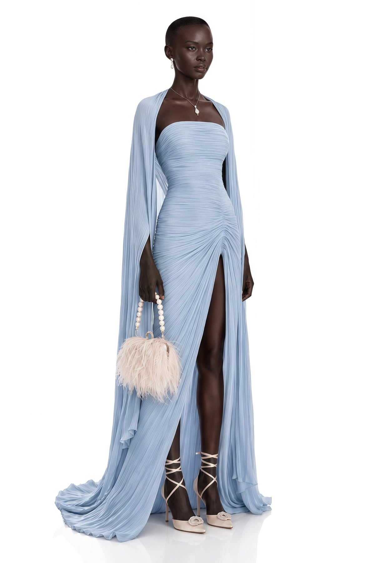 Shifra Blue Asymmetrical Cape Maxi Dress