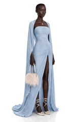 Shifra Blue Asymmetrical Cape Maxi Dress