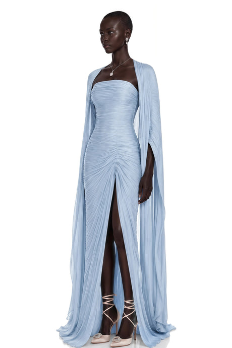 Nunzia Maxi Dress Blue Asymmetrical Cape