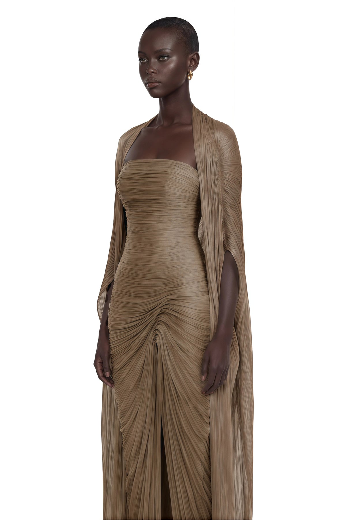 Shifra Brown Asymmetrical Cape Maxi Dress