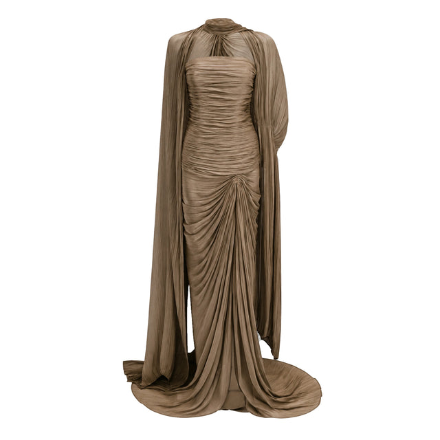 Shifra Brown Asymmetrical Cape Maxi Dress