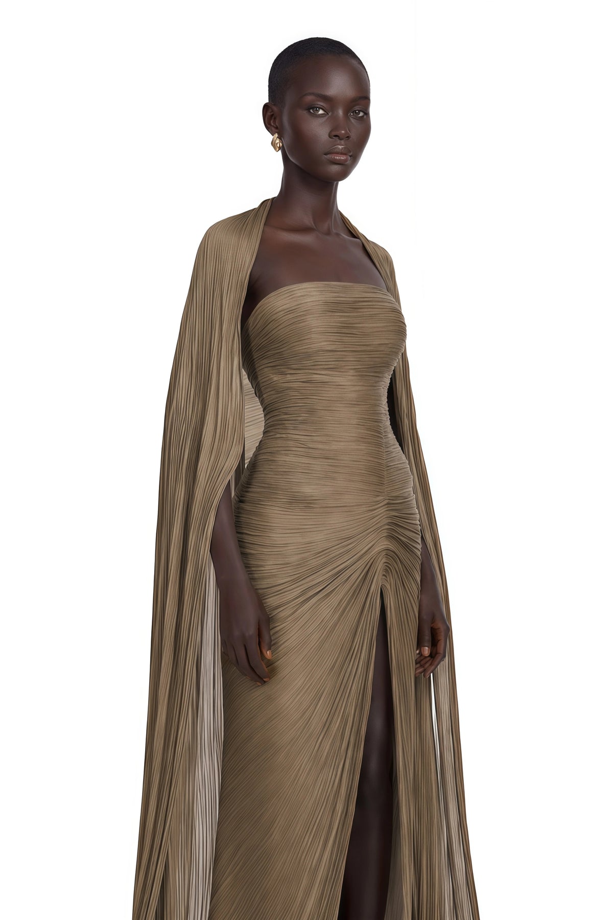 Shifra Brown Asymmetrical Cape Maxi Dress