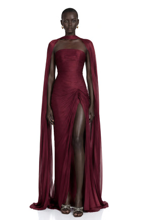 Shifra Burgundy Asymmetrical Cape Maxi Dress