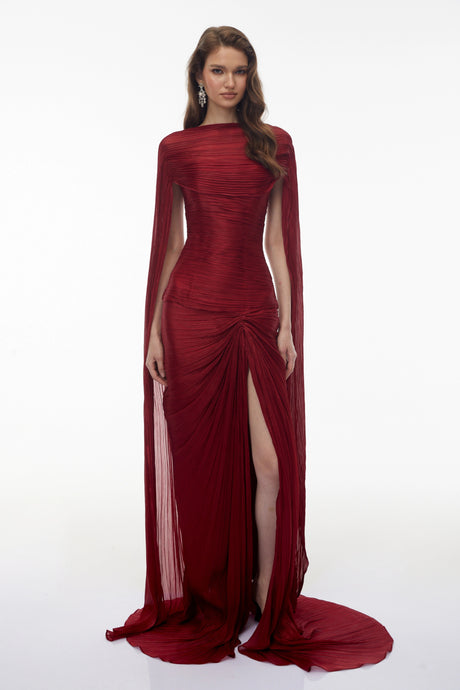 Brenna Maxi Dress Burgundy Asymmetrical Cape