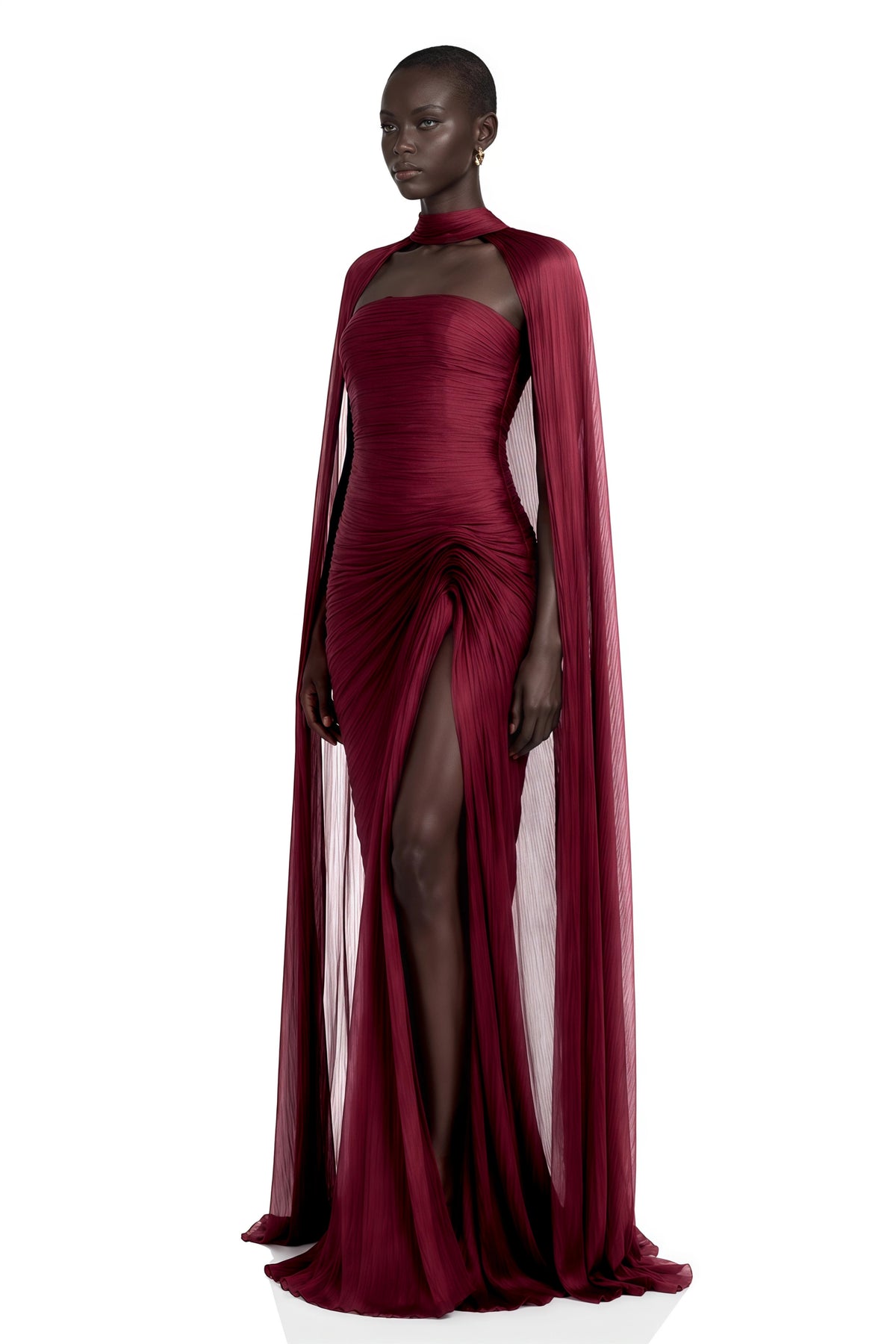 Shifra Burgundy Asymmetrical Cape Maxi Dress