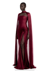 Shifra Burgundy Asymmetrical Cape Maxi Dress