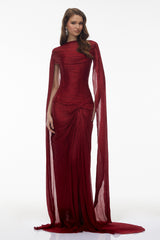 Shifra Burgundy Asymmetrical Cape Maxi Dress