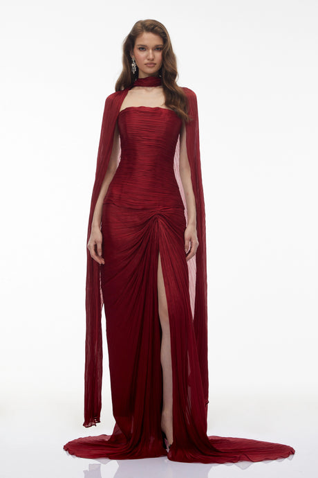 Caitlyn Maxi Dress Burgundy Asymmetrical Cape